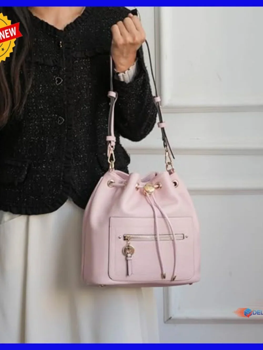 Large Vegan Leather Crossbody Bucket Bag with Drawstring & Wristlet Wallet
